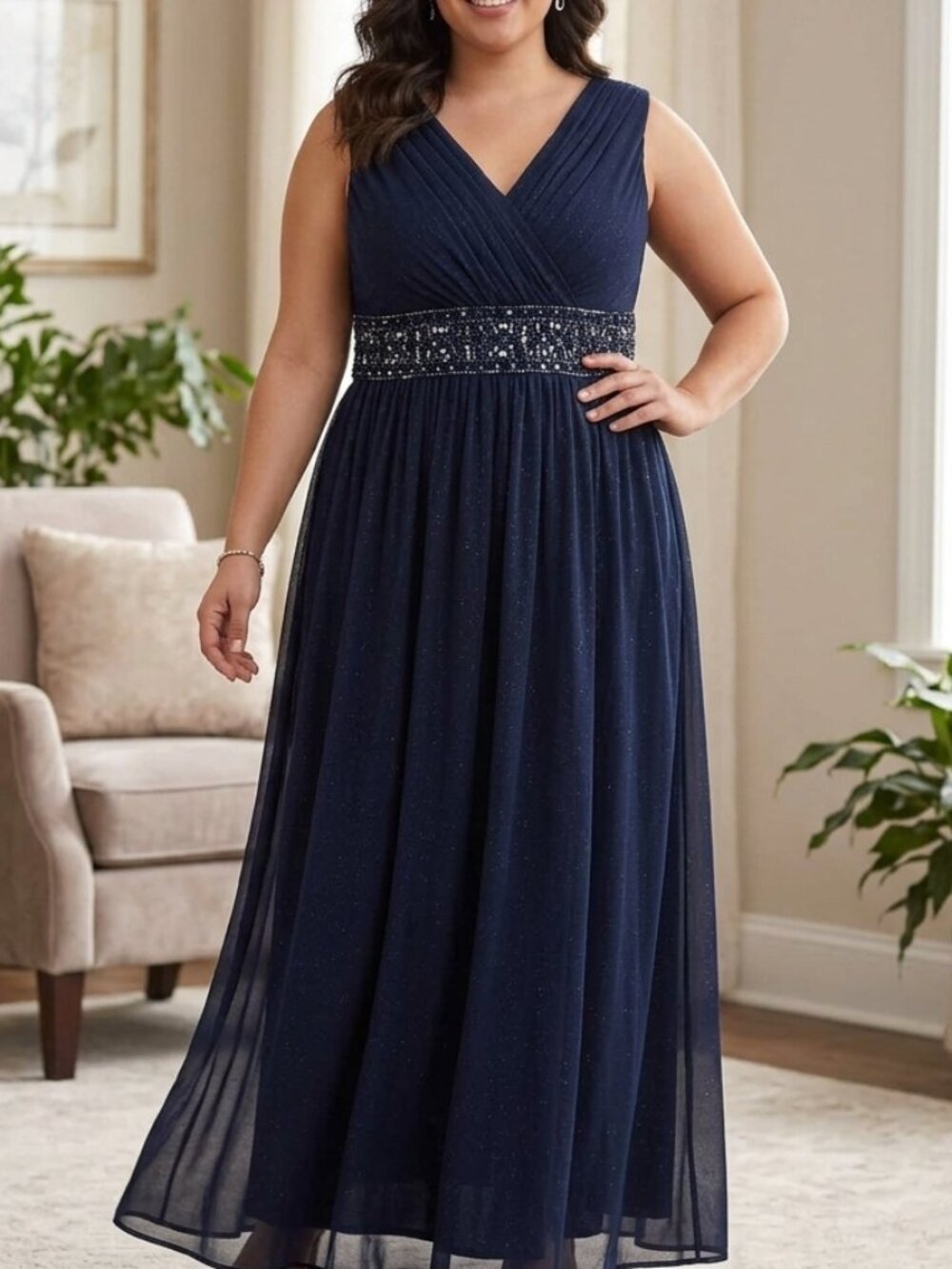 NWT R&M Richards Navy Blue Formal Evening Gown Rhinestone Waist Size 14 Maxi